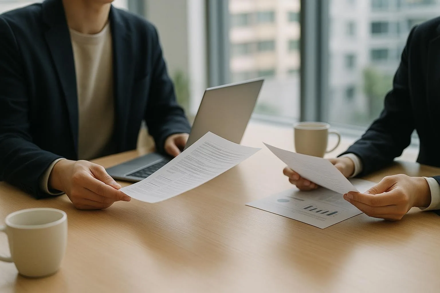 People reviewing documents at a meeting table