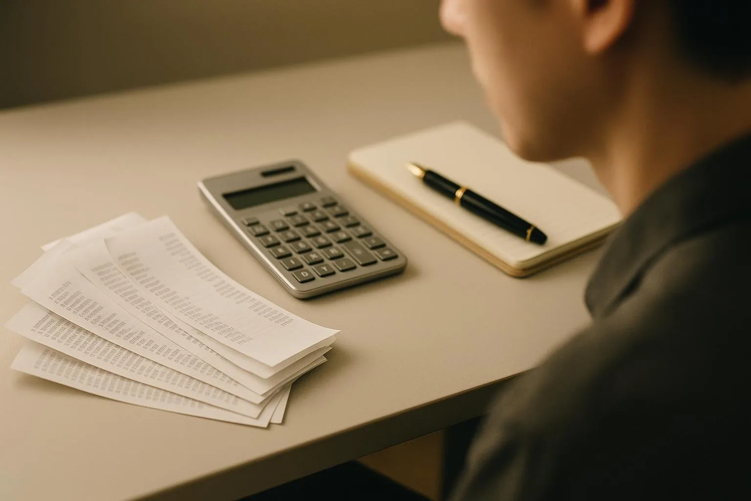 An office desk with receipts and a calculator